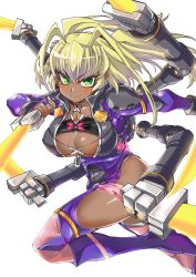 Rule 34 | 1girl, artist request, blonde hair, boots, breasts, cleavage, curvy, dark-skinned female, dark skin, female focus, green eyes, highleg, highres, holding, holding weapon, jumping, large breasts, leotard, lilith-soft, long hair, looking at viewer, shiny skin, smile, solo, taimanin (series), taimanin asagi, taimanin rpgx, twintails, weapon, yomi akitsu