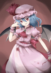 Rule 34 | 1girl, blue hair, cup, drinking glass, female focus, hat, head tilt, nekomoto, nu (pixiv), red eyes, remilia scarlet, ribbon, short hair, solo, spill, stain, touhou, wine glass, wings, wrist cuffs
