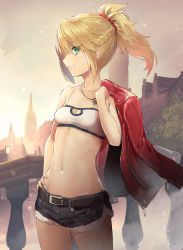 Rule 34 | 1girl, balcony, bandeau, belt, black belt, blonde hair, braid, braided ponytail, breasts, cityscape, collarbone, commentary request, denim, denim shorts, eyes visible through hair, fate/apocrypha, fate (series), from side, green eyes, grin, hair ornament, hair scrunchie, hand on own hip, highres, isegawa yasutaka, jacket, jacket on shoulders, jewelry, midriff, mordred (fate), mordred (fate/apocrypha), mordred (memories at trifas) (fate), navel, necklace, outdoors, parted lips, ponytail, profile, railing, red jacket, red scrunchie, scrunchie, short shorts, shorts, sidelocks, small breasts, smile, solo, standing