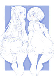 Rule 34 | 2girls, absurdres, ass, bent over, blouse, blue theme, blush, bottomless, bow, cleft of venus, cropped jacket, from behind, frown, hagoromo lala, hair bow, hair ornament, hand on own ass, highres, kaguya madoka, leaning forward, long hair, long sleeves, looking at viewer, looking back, mihoshi middle school uniform, miniskirt, miyagoe yoshitsuki, monochrome, multiple girls, open mouth, pleated skirt, pointy ears, precure, pussy, school uniform, shirt, short hair, short sleeves, side-by-side, skirt, smile, standing, star twinkle precure