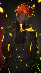 Rule 34 | 1boy, ashwatthama (fate), closed mouth, coat, commentary request, dark-skinned male, dark skin, fate/grand order, fate (series), formal, highres, long hair, looking at viewer, male focus, necktie, red hair, semi (p-poco), solo, suit, yellow eyes, yellow necktie