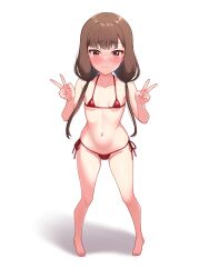 Rule 34 | 1girl, 3:, absurdres, bare arms, bare legs, bare shoulders, barefoot, bikini, blunt bangs, blush, breasts, brown eyes, brown hair, closed mouth, collarbone, commentary, double v, embarrassed, english commentary, feet, from above, frown, full body, furrowed brow, groin, halterneck, hands up, highres, iino miko, kaguya-sama wa kokurasetai ~tensai-tachi no renai zunousen~, long hair, looking at viewer, micro bikini, midriff, moriforests, navel, nose blush, red bikini, shiny skin, side-tie bikini bottom, sidelocks, simple background, small breasts, solo, standing, stomach, swimsuit, thighs, toes, tsurime, v, white background