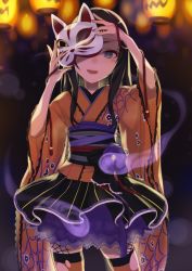 Rule 34 | 10s, 1girl, bad id, bad pixiv id, black hair, black skirt, commentary request, cowboy shot, facial tattoo, floral print, flower, fox mask, frilled skirt, frills, grey eyes, halloween, hitodama, holding, holding mask, japanese clothes, kimono, lantern, marimari (show by rock!!), mask, misaka (05), obi, open mouth, orange kimono, orange legwear, purple flower, purple skirt, sash, show by rock!!, skirt, smile, solo, spider web print, striped clothes, striped legwear, striped thighhighs, tattoo, thighhighs, wide sleeves