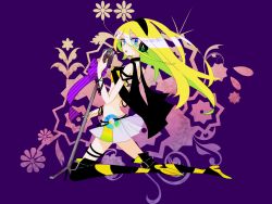 Rule 34 | 1girl, blonde hair, blue eyes, boots, cable, cd, hako (swimjelly), headphones, kneeling, lily (vocaloid), long hair, microphone, microphone stand, purple background, skirt, solo, thigh boots, thighhighs, vocaloid