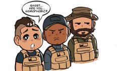 Rule 34 | . ., 3boys, beard, beard stubble, blush stickers, call of duty, call of duty: modern warfare 2, captain price, captoraart, chibi, couple, cropped torso, dark-skinned male, dark skin, english text, facial hair, frown, gaz (call of duty 4), jitome, looking at viewer, male focus, mature male, multiple boys, mustache, mustache stubble, pleading eyes, short hair, sideburns, sideways glance, soap (modern warfare 2), stubble