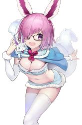 Rule 34 | 1girl, artist name, breasts, capelet, cleavage, cosplay, detached sleeves, fate/grand order, fate (series), fou (fate), fou (fate) (cosplay), glasses, hair over one eye, hat, mash kyrielight, medium breasts, mins (minevi), navel, official alternate costume, purple eyes, purple hat, short hair with long locks, smile, solo, tail, thighhighs, thighs, white background