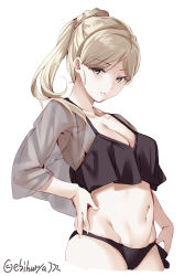 Rule 34 | 1girl, armpits, bikini, black bikini, blonde hair, breasts, camisole, cowboy shot, duplicate, ebifurya, hair between eyes, hand on own hip, highres, kantai collection, long hair, looking at viewer, medium breasts, mole, mole under eye, mole under mouth, navel, one-hour drawing challenge, panties, ponytail, richelieu (kancolle), see-through, see-through sleeves, simple background, solo, stomach, swimsuit, twitter username, underwear, white background, yellow eyes