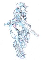Rule 34 | 1girl, caterpillar tracks, colored pencil (medium), commentary request, elbow gloves, frame arms girl, gloves, gourai, gun, headgear, highres, kumichou (ef65-1118-ef81-95), lineart, looking at viewer, looking back, mecha musume, panties, rifle, short hair, shoulder cannon, sketch, solo, striped clothes, striped panties, thighhighs, traditional media, underwear, weapon, white background