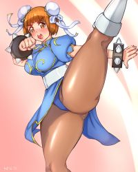 Rule 34 | 1girl, alternate costume, blunt bangs, blush, boots, bracelet, breasts, brown eyes, brown hair, brown pantyhose, capcom, chinese clothes, chun-li, chun-li (cosplay), cosplay, cowboy shot, double bun, female focus, hair bun, highres, jewelry, keigi, kill la kill, large breasts, leg up, looking at viewer, mankanshoku mako, matching hair/eyes, open mouth, pantyhose, pelvic curtain, pink background, puffy short sleeves, puffy sleeves, sash, short hair, short sleeves, signature, solo, spiked bracelet, spikes, standing, street fighter, teeth, thick eyebrows, thick thighs, thighs, tongue, upper teeth only, white background