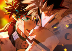 Rule 34 | 2boys, bakugou katsuki, blonde hair, blood, blood on face, blurry, blurry foreground, boku no hero academia, commentary, electricity, eye mask, freckles, gloves, green eyes, green hair, hand on another&#039;s head, injury, male focus, midoriya izuku, multiple boys, namarigenshi, open mouth, short hair, spiked hair, white gloves