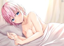 Rule 34 | 1girl, akino ell, backlighting, bed sheet, blanket, blue eyes, blush, breasts, cleavage, collarbone, curtains, go-toubun no hanayome, large breasts, looking at viewer, lying, nakano ichika, naked sheet, nude, on bed, on side, pillow, pink hair, pov across bed, short hair, signature, smile, solo, under covers