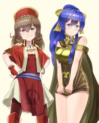 Rule 34 | 2girls, armor, bare shoulders, blue eyes, blue hair, blush, bow, bracelet, breastplate, brown eyes, brown hair, cape, cosplay, costume switch, delthea (fire emblem), delthea (fire emblem) (cosplay), dress, fang, fire emblem, fire emblem: the binding blade, fire emblem echoes: shadows of valentia, fire emblem heroes, hair bow, hands on own hips, hat, highres, hirotaka (hrtk990203), jewelry, lilina (fire emblem), lilina (fire emblem) (cosplay), long hair, multiple girls, nintendo, ponytail, simple background, thighs, white background