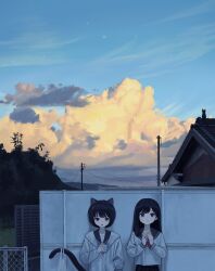Rule 34 | 2girls, against wall, animal ears, bag, black eyes, black hair, blue sailor collar, blue sky, bread, cat, cat ears, cat girl, cat tail, closed mouth, cloud, cloudy sky, commentary request, dawn, eating, food, highres, holding, holding food, holding with tail, house, long hair, long sleeves, looking at viewer, melon bread, multiple girls, neckerchief, open mouth, original, outdoors, plastic bag, prehensile tail, red neckerchief, sailor collar, sakiika0513, school uniform, serafuku, shirt, shopping bag, short hair with long locks, sky, star (sky), tail, taiyaki, upper body, wagashi, white shirt, wide shot