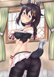 Rule 34 | 1girl, ahoge, animal ears, ass, azur lane, bad id, bad pixiv id, bare shoulders, black bra, black hair, black panties, black pantyhose, blue eyes, blush, bra, braid, breasts, chestnut mouth, cosplay, cowboy shot, crossover, curtains, from behind, hair flaps, hair over shoulder, historical name connection, kantai collection, long hair, looking at viewer, looking back, medium breasts, midriff, name connection, open mouth, panties, panties under pantyhose, pantyhose, pleated skirt, remodel (kantai collection), ronguuta, shigure (azur lane), shigure (azur lane) (cosplay), shigure (kancolle), single braid, skirt, solo, standing, tail, thighband pantyhose, underwear, ushiotoko&amp;hiroshi, white skirt, window, wolf ears, wolf tail
