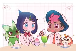 1boy 1girl :d aqua_eyes black_hair bow bowl bowtie breast_pocket chibi collared_shirt colored_inner_hair commentary_request cowlick creatures_(company) dark-skinned_male dark_skin floragato flower_(symbol) food fuecoco game_freak grid_background hair_ornament hairclip hat holding holding_spoon liko_(pokemon) long_sleeves multicolored_hair necktie nintendo notice_lines open_mouth orange_necktie pocket pokemon pokemon_(anime) pokemon_(creature) pokemon_horizons red_bow red_bowtie rei_hinketsu roy_(pokemon) shaved_ice shirt smile sparkle spoon table