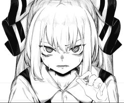 Rule 34 | 1girl, cigarette, fujiwara no mokou, furrowed brow, greyscale, hair between eyes, hand up, hisha (kan moko), holding, holding cigarette, looking at viewer, lower teeth only, monochrome, open mouth, portrait, ringed eyes, simple background, solo, teeth, touhou, tsurime