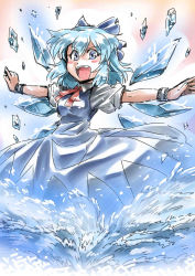 Rule 34 | 1girl, blue dress, blue eyes, blue hair, blue ribbon, bow, breasts, cirno, dress, hair bow, ice, ice wings, looking at viewer, open mouth, ribbon, short hair, short sleeves, smile, solo, embodiment of scarlet devil, touhou, tukiwani, wings