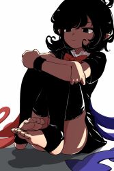 Rule 34 | 1girl, asymmetrical wings, black dress, black eyes, black hair, black thighhighs, black wristband, blue wings, bow, bowtie, closed mouth, convenient leg, dress, expressionless, feet, foot focus, foreshortening, full body, highres, houjuu nue, hugging own legs, maguro (mawaru sushi), pointy ears, red bow, red bowtie, red eyes, red wings, short dress, short hair, simple background, soles, solo, thighhighs, toeless legwear, toenails, toes, touhou, wings