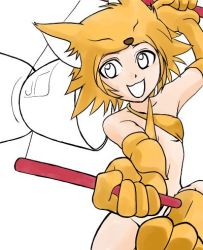Rule 34 | 1girl, :d, blonde hair, looking at viewer, lowres, moonlight flower, open mouth, ragnarok online, short hair, simple background, smile, solo, white background, yellow eyes