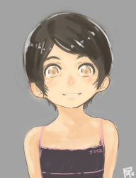 Rule 34 | 1girl, black hair, camisole, child, female focus, grey background, grin, looking at viewer, original, satsuyo, short hair, simple background, smile, solo