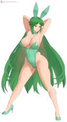Rule 34 | 1girl, absurdres, alternate costume, animal ears, arms behind head, arms up, bare legs, bare shoulders, breasts, closed mouth, commentary, detached collar, english commentary, fake animal ears, fake tail, full body, green eyes, green hair, green leotard, high heels, highres, kid icarus, kid icarus uprising, large breasts, legs, leotard, long hair, looking at viewer, nintendo, palutena, patreon username, playboy bunny, rabbit ears, rabbit tail, seductive smile, smile, solo, strapless, strapless leotard, super smash bros., tail, very long hair, watermark, web address, wrist cuffs, zelc-face