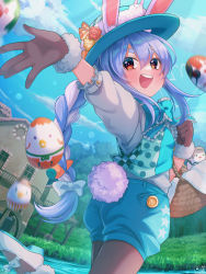 Rule 34 | 1girl, :d, alternate costume, animal ear fluff, animal ears, aqua bow, aqua bowtie, aqua vest, basket, black pantyhose, blue hair, blue hat, blue shorts, blush, bow, bowtie, braid, brown gloves, day, easter, easter egg, egg, frilled bow, frills, fur-trimmed gloves, fur trim, gloves, hair bow, hat, highres, hololive, looking at viewer, magowasabi, mary janes, multicolored hair, open mouth, orange eyes, outdoors, outstretched arm, pantyhose, puffy shorts, rabbit-shaped pupils, rabbit ears, rabbit girl, rabbit tail, shirt, shoes, short eyebrows, shorts, sidelocks, signature, sky, smile, solo, standing, standing on one leg, symbol-shaped pupils, tail, thick eyebrows, town, twin braids, twintails, twitter username, two-tone hair, usada pekora, vest, virtual youtuber, white bow, white footwear, white hair, white shirt