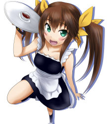 Rule 34 | 10s, 1girl, apron, black socks, brown hair, coffee, coffee cup, collarbone, cup, disposable cup, eyebrows, fang, green eyes, hair ribbon, huang lingyin, infinite stratos, leg up, long hair, looking at viewer, maid, open mouth, ribbon, ryuusama, simple background, socks, solo, twintails, white apron, white background, yellow ribbon