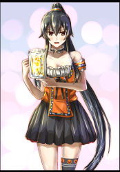Rule 34 | 1girl, alcohol, bare shoulders, beer, beer mug, black hair, black ribbon, black skirt, black thighhighs, blush, commentary, cup, dirndl, german clothes, hair between eyes, halloween, highres, holding, holding cup, kantai collection, long hair, mug, neck ribbon, off shoulder, open mouth, orange scrunchie, orange shirt, ponytail, red eyes, ribbon, scrunchie, seitei (04seitei), shirt, single thighhigh, skirt, smile, solo, thighhighs, twitter username, yahagi (kancolle)