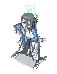 Rule 34 | 1girl, absurdly long hair, aris (blue archive), black hair, black skirt, black socks, blue archive, blue eyes, blue halo, blue necktie, blush stickers, collared shirt, ebifried, full body, halo, highres, jacket, long hair, long sleeves, necktie, one side up, open clothes, open jacket, open mouth, pleated skirt, shirt, shoes, simple background, skirt, smile, socks, solo, very long hair, white background, white footwear, white jacket, white shirt