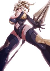 Rule 34 | 1girl, black gloves, breasts, gloves, holding, holding spear, holding weapon, huge breasts, light brown hair, long hair, navel, nekothunder, original, polearm, ponytail, purple eyes, simple background, solo, spear, weapon, white background