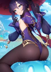 Rule 34 | 1girl, absurdres, ankkoyom, ass, black gloves, black hair, blue eyes, breasts, brown pantyhose, capelet, day, detached sleeves, earrings, from behind, genshin impact, gloves, gold trim, hair ribbon, hands up, hat, health bar, highleg, highleg leotard, highres, jewelry, leotard, long hair, long sleeves, looking at viewer, looking back, mona (genshin impact), outdoors, pantyhose, parted lips, purple leotard, ribbon, sidelocks, sitting, slime, small breasts, solo, twintails, water, wet, witch hat