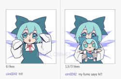 Rule 34 | 1girl, blue bow, blue dress, blue eyes, blue hair, bow, character doll, cirno, closed mouth, collared shirt, commentary, doll, dress, english commentary, english text, fake screenshot, fumo (doll), hair between eyes, holding, holding doll, long sleeves, looking at viewer, neck ribbon, open mouth, pinafore dress, red ribbon, ribbon, shirt, short hair, skullchimes, sleeveless dress, sleeves past fingers, sleeves past wrists, touhou, twitter username, upper body, white background, wings
