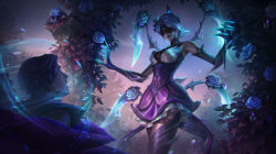 Rule 34 | 1boy, 2girls, arthropod limbs, bare shoulders, blindfold, breasts, commentary, dress, elise (league of legends), english commentary, facing another, flower, glowing, hands up, highres, large breasts, league of legends, long hair, looking at another, marie magny, multiple girls, official alternate costume, outdoors, pink dress, purple lips, short dress, short hair, smile, teeth, thighhighs, withered rose elise