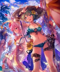 Rule 34 | 10s, 6+girls, aqua eyes, arm up, asymmetrical gloves, bikini, bird, black gloves, blue eyes, breasts, cleavage, cloud, collarbone, contrapposto, day, eyebrows, fingerless gloves, flower, from below, gloves, green bikini, green hair, head wreath, highres, large breasts, lee hyeseung, medium breasts, multiple girls, open mouth, pink hair, pointy ears, shingeki no bahamut, short hair, single glove, sky, smile, standing, strapless, strapless bikini, striped bikini, striped clothes, swimsuit, uneven gloves, white bikini, yellow flower