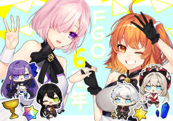 Rule 34 | 2boys, 4girls, :3, ahoge, anniversary, ascot, bare shoulders, black coat, black footwear, black gloves, black hair, black jacket, black pants, black ribbon, black skirt, blue eyes, blue ribbon, breasts, chaldea logo, charles-henri sanson (fate), chibi, chinese clothes, coat, commentary request, copyright name, cropped jacket, crotch plate, dress, fate/grand order, fate (series), fingernails, flower tattoo, fujimaru ritsuka (female), fujimaru ritsuka (female) (waltz in the moonlight/lostroom), full body, gauntlets, gloves, green eyes, hair between eyes, hair ornament, hair over one eye, hair ribbon, hair scrunchie, hands in pockets, hat, highres, holding, holding hands, holy grail (fate), interlocked fingers, jacket, jewelry, kuzuta0807, large breasts, leg up, light purple hair, long hair, looking at another, looking at viewer, looking to the side, marie antoinette (fate), mash kyrielight, mash kyrielight (under the same sky), meltryllis (fate), middle w, mini person, miniboy, minigirl, miniskirt, multiple boys, multiple girls, neck ribbon, necklace, official alternate costume, one eye closed, one eye covered, open mouth, orange eyes, orange hair, pants, pink neckwear, pocket, ponytail, prosthesis, prosthetic leg, purple eyes, purple hair, red dress, red gloves, red headwear, ribbon, saint quartz (fate), scrunchie, short hair, shrug (clothing), side ponytail, skirt, sleeveless, sleeveless dress, sleeves past fingers, sleeves past wrists, smile, tattoo, teeth, twintails, under the same sky, upper body, w, white dress, white footwear, white hair, white scrunchie, wrist cuffs, yan qing (fate)