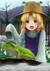 Rule 34 | 1girl, :d, arm up, bare tree, blonde hair, blue vest, blurry, commentary request, day, depth of field, fence, flower, frog, hair ribbon, hat, highres, leaning forward, looking at viewer, luke (kyeftss), medium hair, moriya suwako, mountain, open mouth, outdoors, parted bangs, ribbon, shirt, sidelocks, sleeves past fingers, sleeves past wrists, smile, snow, solo, standing, touhou, tree, very long sleeves, vest, white shirt, wooden fence, yellow eyes