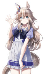 Rule 34 | 1girl, absurdres, animal ears, bow, bowtie, cha seiga, closed mouth, cowboy shot, green eyes, grey hair, hand up, highres, horse ears, horse girl, horse tail, long hair, looking at viewer, pleated skirt, puffy short sleeves, puffy sleeves, purple shirt, sailor collar, school uniform, shirt, short sleeves, simple background, skirt, smile, solo, tail, thick eyebrows, tracen school uniform, umamusume, waving, white background, white skirt, wonder acute (umamusume)