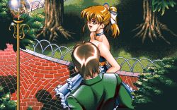 Rule 34 | 1990s (style), 1boy, 1girl, 2 shot diary 2, bare shoulders, blue choker, brown hair, character request, choker, game cg, high ponytail, lamppost, outdoors, pc98, retro artstyle, smile, tagme, tree, yukari (2 shot diary 2)