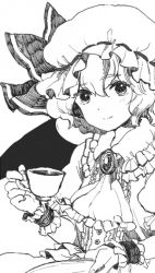 Rule 34 | 1girl, bat wings, cup, female focus, greyscale, hat, meeko, monochrome, remilia scarlet, simple background, sketch, smile, solo, teacup, touhou, white background, wings