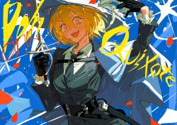 Rule 34 | 1girl, absurdres, arms up, artist request, black gloves, black jacket, black necktie, blonde hair, character name, collared shirt, don quixote (project moon), gloves, highres, holding, holding sword, holding weapon, jacket, limbus company, looking at viewer, necktie, open mouth, project moon, rapier, sheath, shirt, smile, solo, sword, weapon, white shirt, yellow eyes