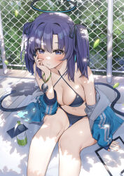 Rule 34 | 1girl, absurdres, bare shoulders, bikini, black bikini, black ribbon, blue archive, blue eyes, blue hair, blue jacket, blush, bottle, breasts, cellphone, chain-link fence, cleavage, collarbone, commentary request, feet out of frame, fence, hair ornament, hair ribbon, halo, highres, jacket, long sleeves, medium breasts, navel, off shoulder, open clothes, open jacket, outdoors, parted lips, phone, piyo (pixiv 2308057), revision, ribbon, shade, sitting, smartphone, solo, swimsuit, thighs, yuuka (blue archive)