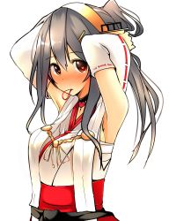 Rule 34 | 10s, 1girl, adjusting hair, black hair, breasts, brown eyes, collarbone, detached sleeves, hair ornament, hairclip, hairdressing, hand in own hair, haruna (kancolle), heart, heart-shaped pupils, highres, kantai collection, large breasts, long hair, looking at viewer, mouth hold, nontraditional miko, ponytail, ribbon-trimmed sleeves, ribbon trim, sarashi, simple background, solo, symbol-shaped pupils, tsukui kachou, upper body, white background