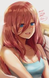 Rule 34 | 1girl, blue eyes, blue shirt, breasts, brown hair, cleavage, commentary request, go-toubun no hanayome, hair between eyes, highres, hoshi san 3, large breasts, long hair, nakano miku, open mouth, shirt, sitting, smile, tank top, translation request