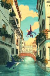 Rule 34 | absurdres, artist name, balcony, blue sky, bridge, building, canal, cloud, commentary, courtney brendle, creatures (company), day, door, english commentary, flagpole, flying, game freak, gen 3 pokemon, hanging plant, highres, latias, latios, legendary pokemon, nintendo, no humans, outdoors, plant, pokemon, pokemon (creature), railing, red eyes, scenery, sky, tunnel, vines, water, window, window shutter, yellow eyes
