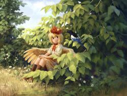 Rule 34 | 1girl, animal, animal on head, bird, bird on head, bird wings, blonde hair, blush, boots, brown footwear, bush, chick, closed mouth, cloud, commentary request, day, feathered wings, flower, full body, grass, hands on own knees, highres, looking at animal, multicolored hair, neckerchief, niwatari kutaka, on head, orange skirt, outdoors, puffy short sleeves, puffy sleeves, red eyes, red hair, red neckerchief, satellitedragon, shirt, short hair, short sleeves, sitting, skirt, sky, solo, touhou, two-tone hair, white flower, white shirt, wings, yellow wings