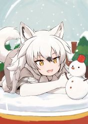 Rule 34 | 1girl, animal ears, arctic wolf (kemono friends), bow, bowtie, brown hair, elbow gloves, fang, gloves, grey jacket, jacket, kemono friends, long hair, multicolored hair, open mouth, plaid trim, rumenia (ao2is), snow globe, snowman, solo, tail, white bow, white bowtie, white gloves, white hair, wolf ears, wolf girl, wolf tail, yellow eyes