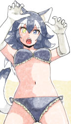Rule 34 | 10s, 1girl, animal ears, bikini, black hair, blue eyes, breasts, commentary request, elbow gloves, fangs, frilled bikini, frills, gloves, gluteal fold, grey wolf (kemono friends), hair between eyes, hands up, heterochromia, highres, kemono friends, long hair, medium breasts, multicolored hair, murakami kou (raye), navel, open mouth, raised eyebrow, solo, swimsuit, tail, two-tone hair, white gloves, white hair, wolf ears, wolf tail, yellow eyes