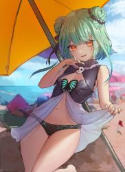 Rule 34 | 1girl, absurdres, animal print, beach, beach umbrella, blush, bow, brooch, butterfly print, cloud, day, detached collar, double bun, dress, fang, female focus, flag, gg amang, green hair, hair bun, hair ornament, highres, hololive, hololive fantasy, jewelry, looking at viewer, nail polish, navel, open mouth, outdoors, red eyes, ribbon, see-through, shade, shore, short hair, skin fang, sky, smile, solo, swimsuit, umbrella, uruha rushia, uruha rushia (1st costume), virtual youtuber, water