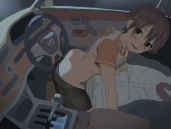 1boy 1girl 2equal8 absurdres ahoge ass back bike_shorts black_shorts blue_bra blush bra bra_lift breasts breasts_out brown_eyes brown_hair bulge butt_crack car_interior casual clothed_sex clothes_lift clothes_pull commentary dashboard dream_c_club dream_c_club_(series) dress_shirt driving duplicate embarrassed erection erection_under_clothes fingernails frottage grey_bra grey_jacket grey_legwear grinding hair_between_eyes head_out_of_frame hetero highres jacket looking_at_viewer looking_to_the_side medium_breasts nao_(dream_c_club) necktie nervous nipples open_mouth orange_shirt pants pants_pull pixel-perfect_duplicate raglan_sleeves raised_eyebrows red_necktie reluctant sex shirt shirt_lift short_hair short_shorts shorts sitting size_difference small_breasts solo_focus steering_wheel straddling sweat sweatdrop t-shirt tomboy two-tone_shirt underwear vehicle white_shirt