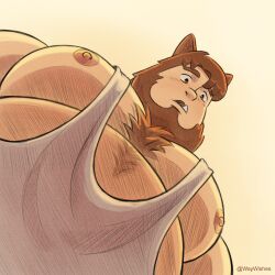 Rule 34 | 1boy, animal ear request, bara, belly, brown hair, fat, fat man, foreshortening, from below, highres, huge pectorals, light smile, looking at viewer, looking down, male focus, meme, nipple slip, nipples, original, parted lips, pectoral cleavage, pectoral focus, pectorals, photo-referenced, short hair, sidepec, solo, sparse chest hair, tank top, thick eyebrows, tusks, upper body, white tank top, wilky way wishes, yur oc like this (meme)